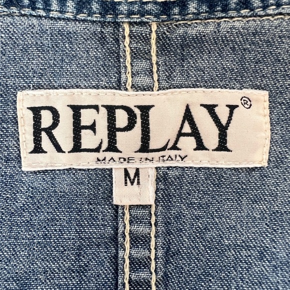 Replay Fitted Denim Pearl Snap Shirt Medium Wash Coastal Cowgirl Western Shacket - Picture 11 of 15